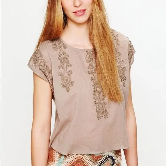 Free People Brown Embroidered Quills Cropped Top Size Small - Picture 1 of 14